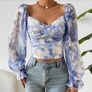 SHEIN 🩵 periwinkle Floral Puff-Sleeve Cropped Blouse